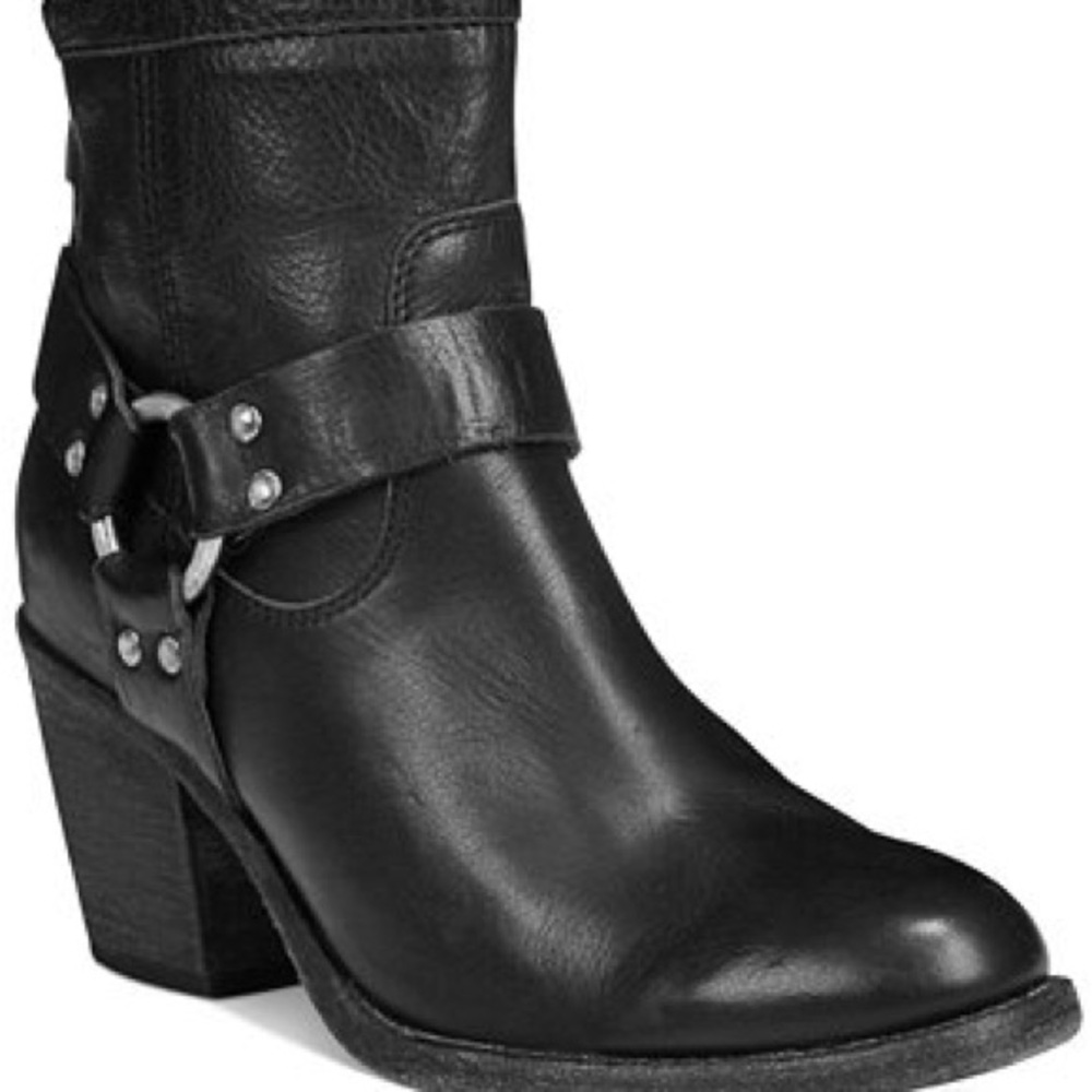 Frye Tabitha black leather harness ankle boots